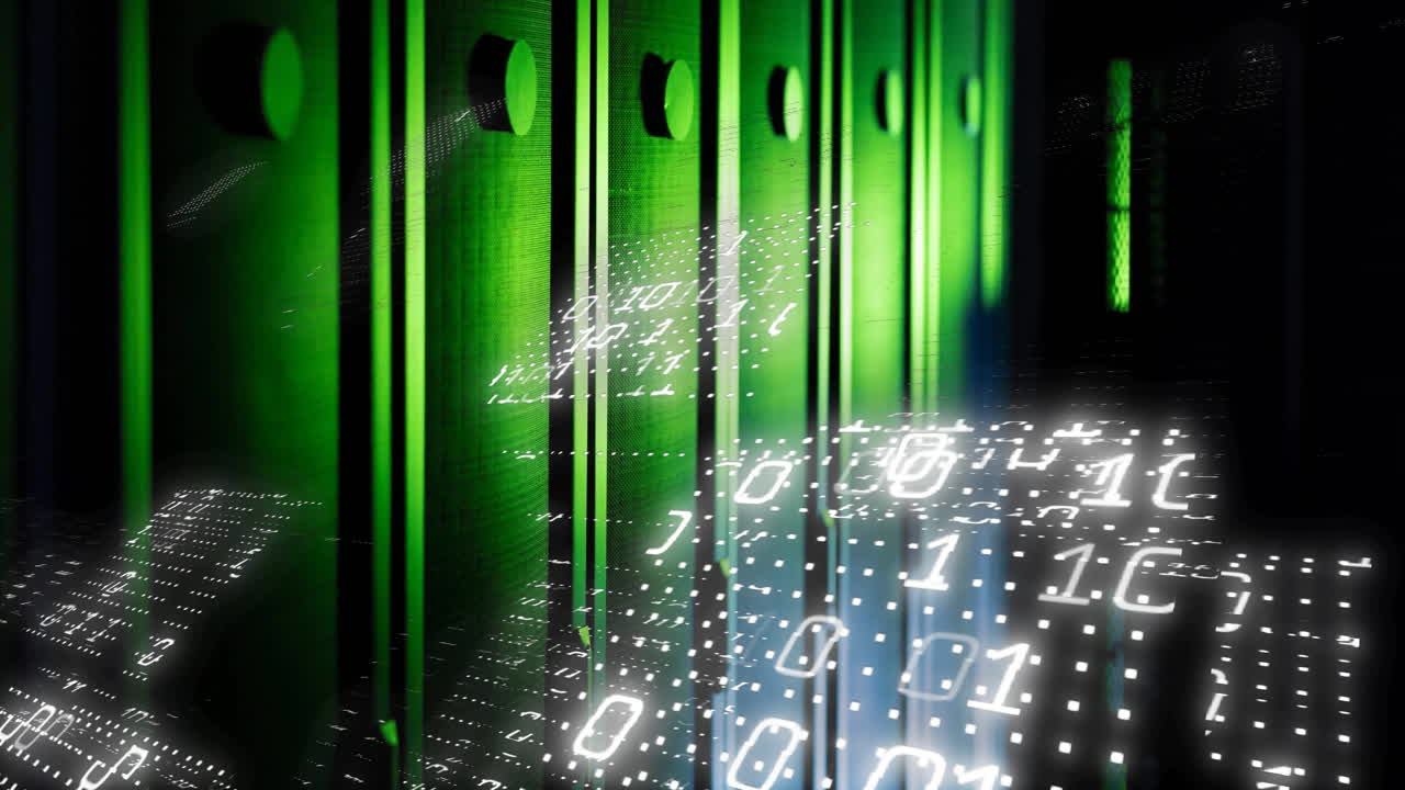 animación del procesamiento de datos y formas sobre la sala del servidor