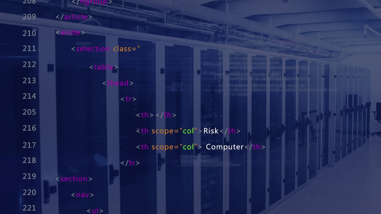 Animation af gentagen computerkode over dataserverrum.