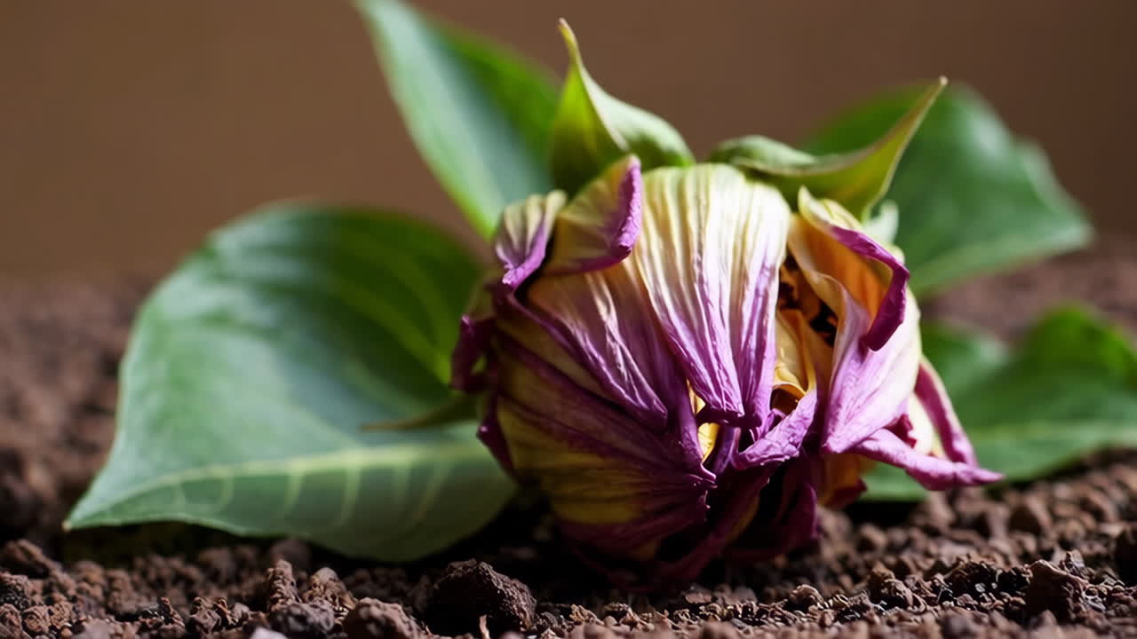 Primo piano di un bocciolo di ibisco viola e giallo