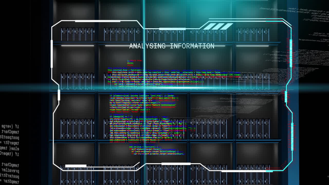 Animation of blue scanner beams and glitching interface analysing information over computer servers