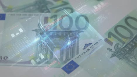 Animation-of-integration-circuit-and-security-padlock-over-falling-euro-banknotes
