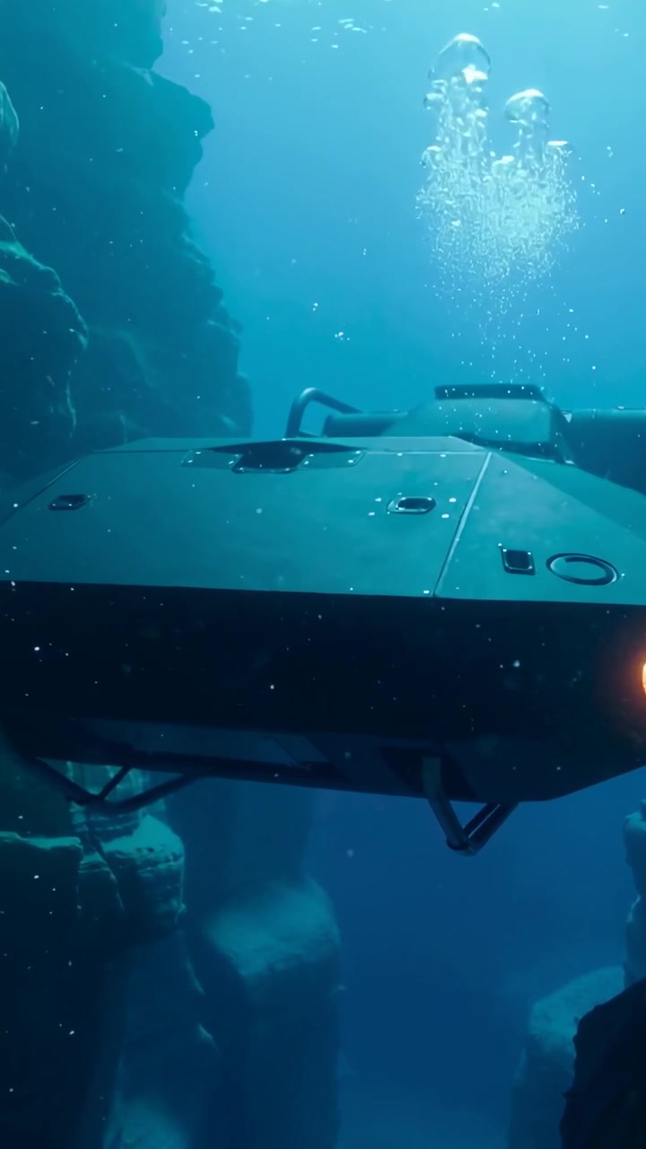 Video verticale: Propulsori in azione, un ROV si muove attraverso un canyon, accendendo una lampada e con bolle che salgono.