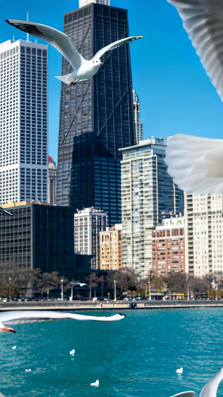 Vertical video: Flying flock of white gulls entering frame over turquoise water, high-rise skyline