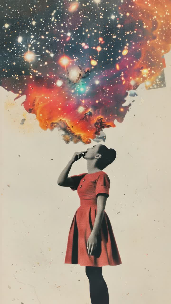 Surreal Collage of Woman Interacting with a Cosmic Nebula