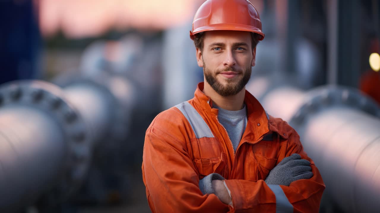 Confident worker in safety gear smiling for the camera on a construction site surrounded by large machinery and pipelines during sunset, showcasing professionalism