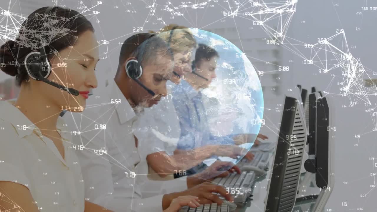 animación de la red de conexiones con iconos sobre personas de negocios que usan auriculares telefónicos