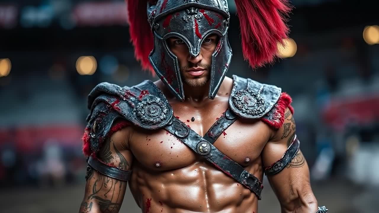 A man dressed as a spartan with red feathers on his head