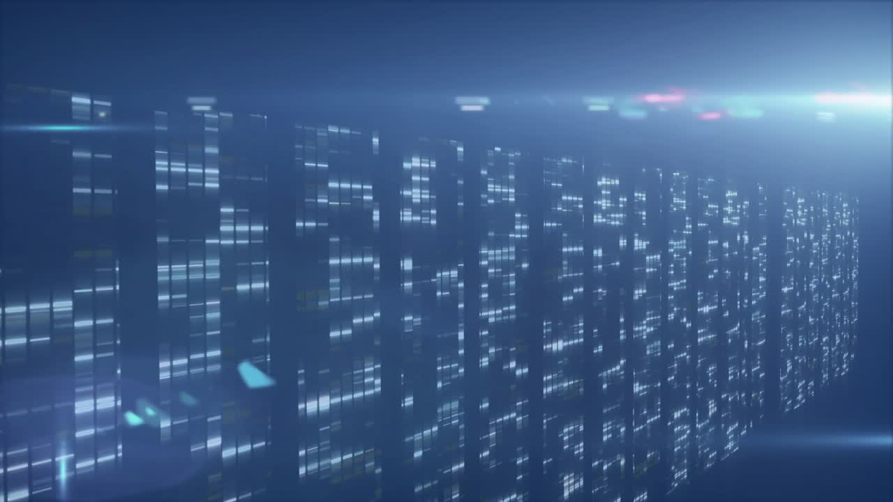 Camera panning data wall of teal blocks, digits drifting, lens flares sweeping illustrating stream