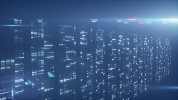 Camera panning data wall of teal blocks, digits drifting, lens flares sweeping illustrating stream