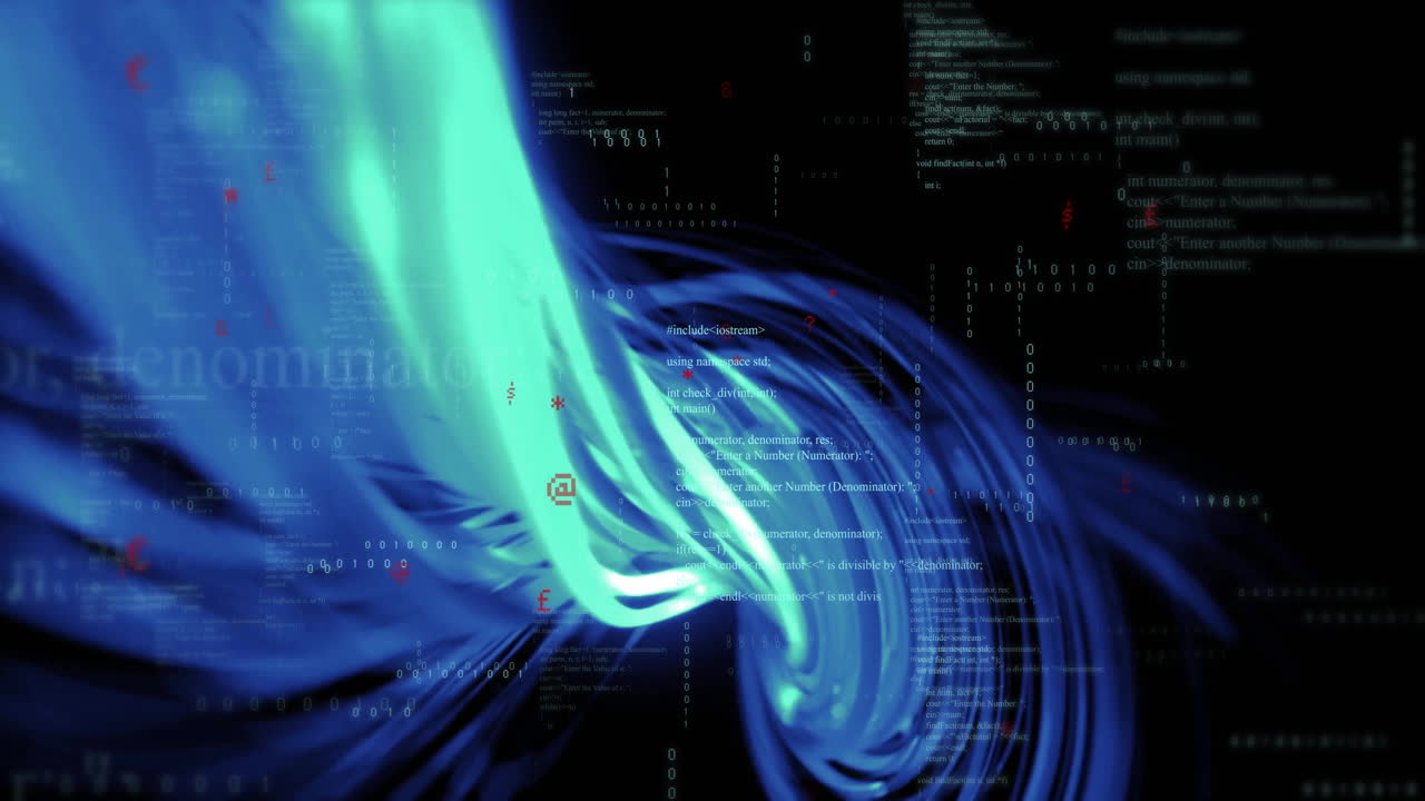 Blue and green swirling patterns with digital code overlay creating animation