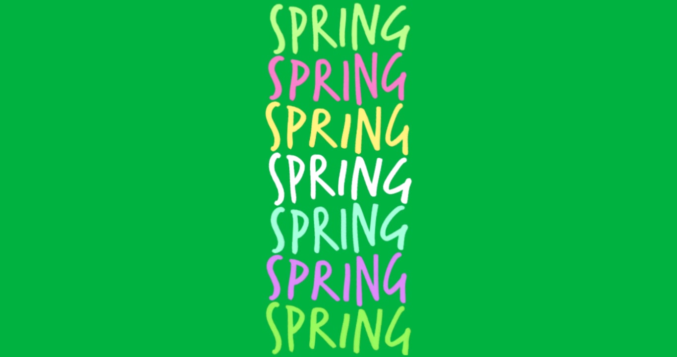 Graphic design featuring pastel SPRING brush lettering on transparent background showing color flow