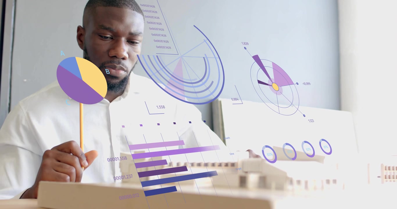 Designer examining design model holding pencil while data charts fading and guiding model edits