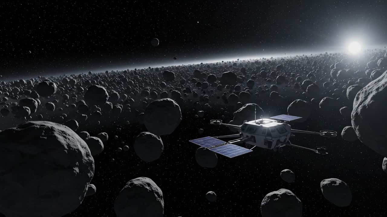 Exploring the Cosmic Frontier: A Spacecraft Navigating Through a Dense Asteroid Belt Surrounded by Celestial Bodies and Stellar Light
