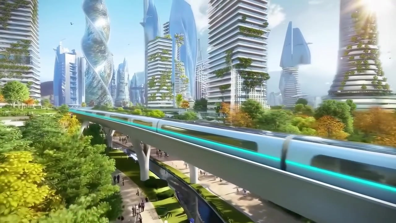 High-Speed Train Moving Through a Sustainable Futuristic City