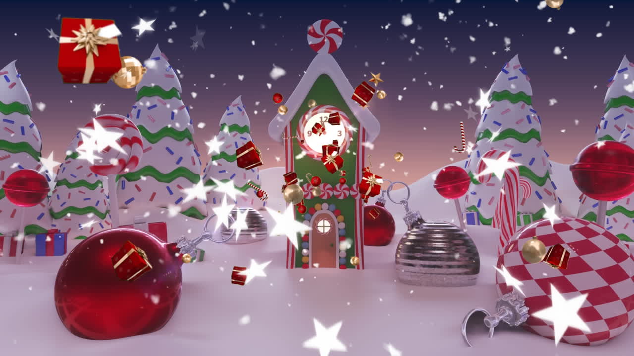 크리스마스 액세서리와 겨울 풍경 위에 내리는 눈