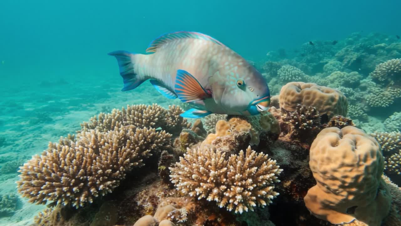 Un pesce pappagallo colorato che esplora una vivace barriera corallina in acque cristalline: Un viaggio sottomarino nella vita marina e nella diversità dell'ecosistema.
