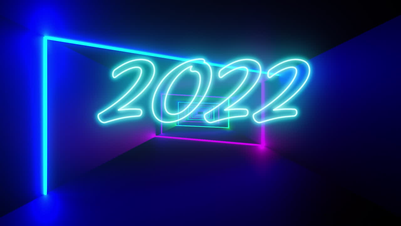 animación del texto de 2022 en neón azul con rayos de luz de neón de colores que se mueven sobre un fondo negro