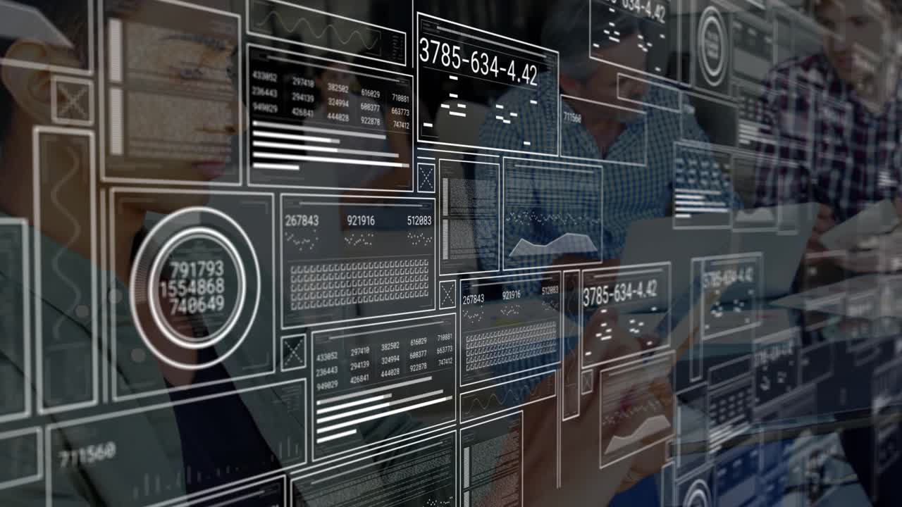 Coworkers typing while translucent dashboard fading in populating panels retracting analyzing data
