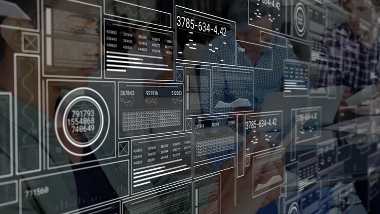 Coworkers typing while translucent dashboard fading in populating panels retracting analyzing data