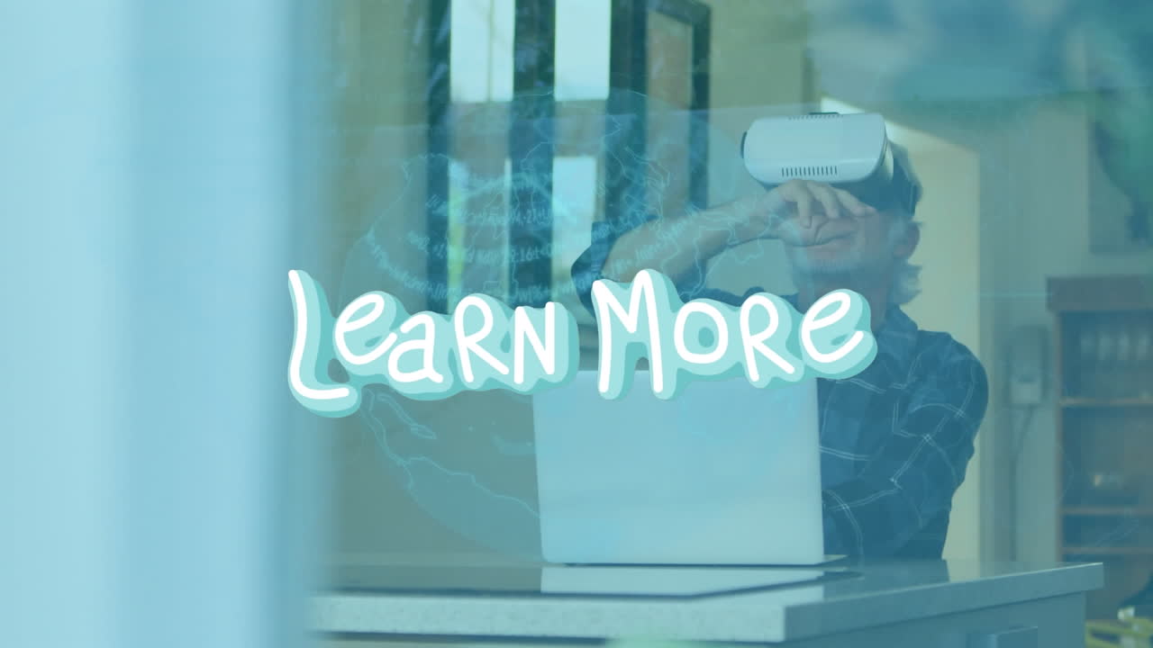 Animation of learn more text banner and globe against caucasian senior man wearing vr headset