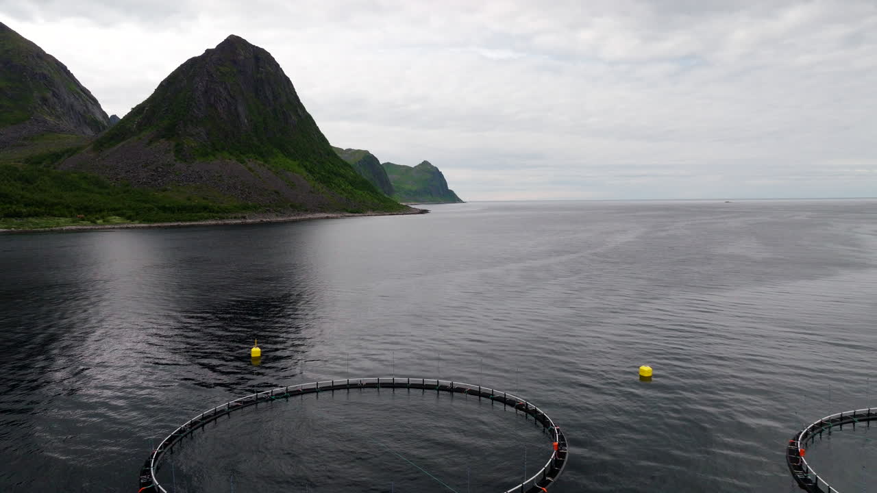 Aerial pullback reveals round marine pens of salmon farm in Norwegian fjord