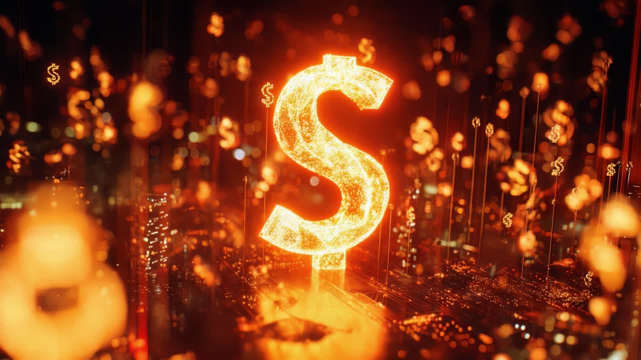 Golden dollar currency symbol glowing with fiery energy in a futuristic digital environment, representing concepts of finance, cryptocurrency, economy, wealth, and technological innovation