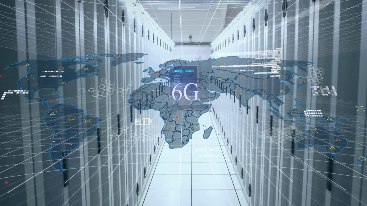 animazione di testo 6g, mappa del mondo, elaborazione dei dati su server informatici