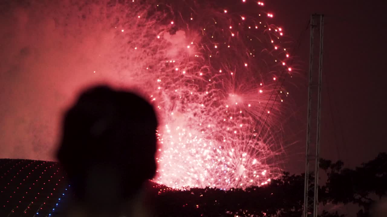 Female Spectator Taking Photo Of Beautiful Fireworks Over Marina Bay (View From Padang) - Singapore National Day Celebration - rack focus, slow motion
