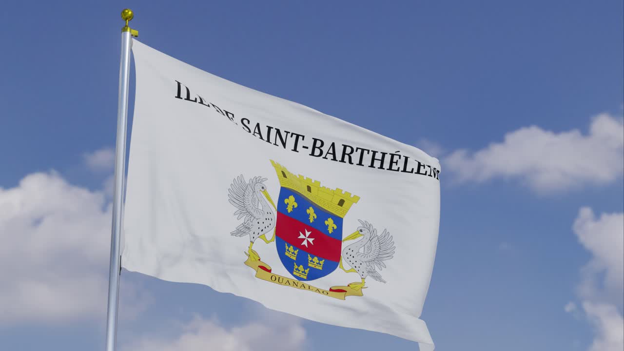 Flag Of Saint Barth&eacute;lemy Moving In The Wind With A Clear Blue Sky In The Background, Clouds Slowly Moving, Flagpole, Slow Motion