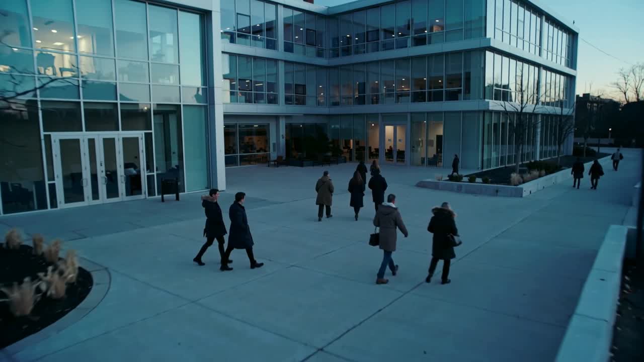 Pedoni che camminano, entrando da sentieri laterali e dirigendosi verso le porte di vetro di un edificio, pendolari in cappotto.