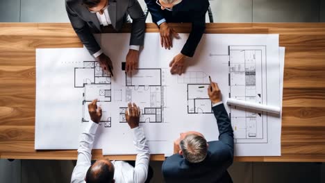 overhead angle of architects discussing blueprints on a wooden table, conveying teamwork