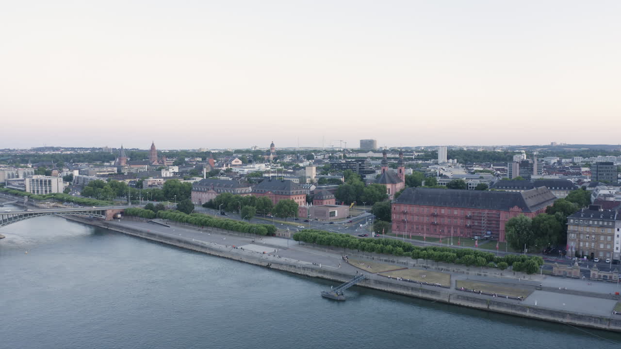 Aerial circling Drone View of Mainz dom, Landtag, castle river rhine and Cityscape at Sunset Germany 4k