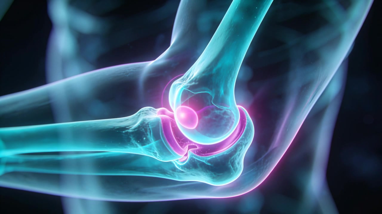 Animating elbow rotating after pink spot appearing, seating marker in 3D render to show cartilage
