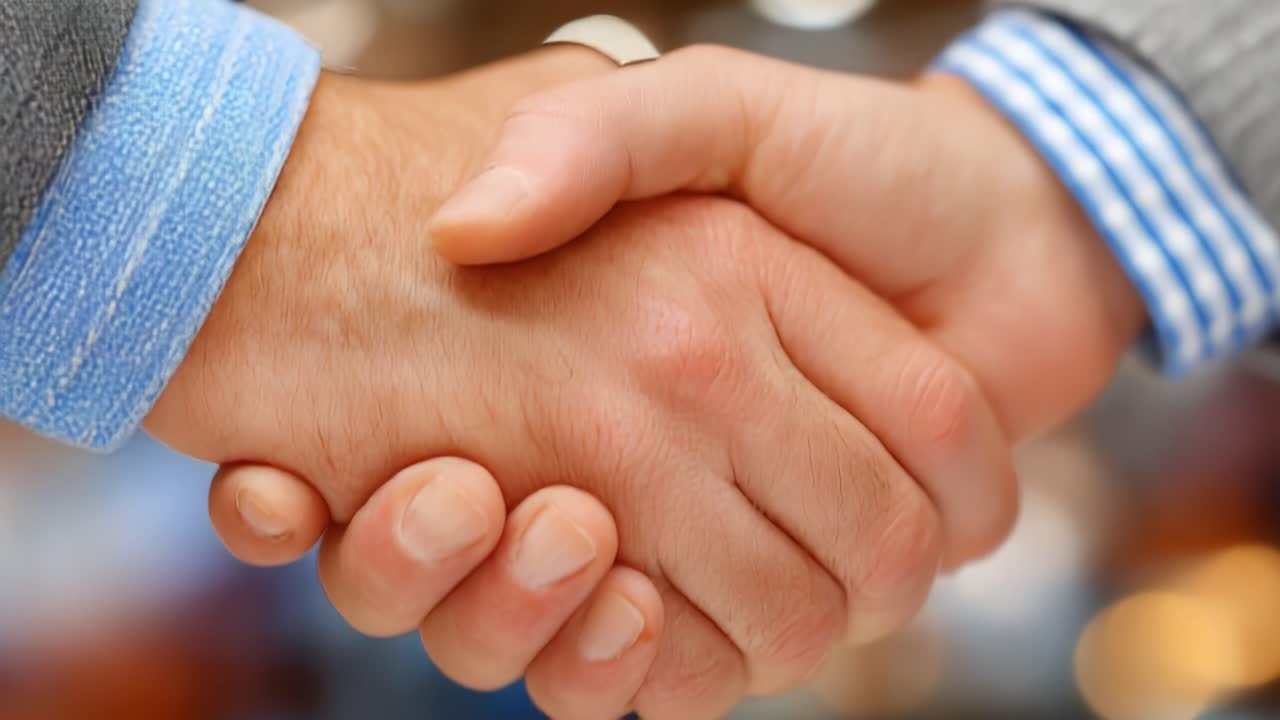 A Close-Up View of a Handshake, Embodying Trust and Partnership Between Two Individuals in a Professional Setting