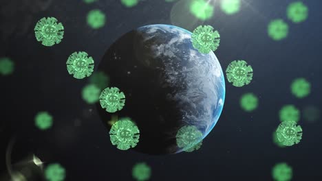 multiple green covid-19 cells floating over spinning globe against blue background