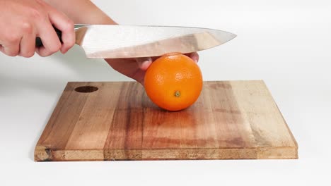 sequential demonstration of slicing an orange on a board