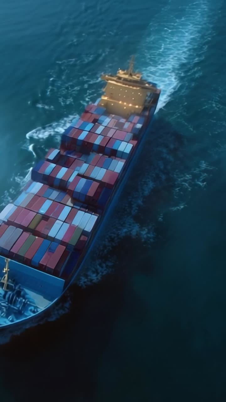 Aerial View of a Large Container Ship Navigating Through Open Waters, Carrying Multicolored Shipping Containers Under a Clear Sky at Night