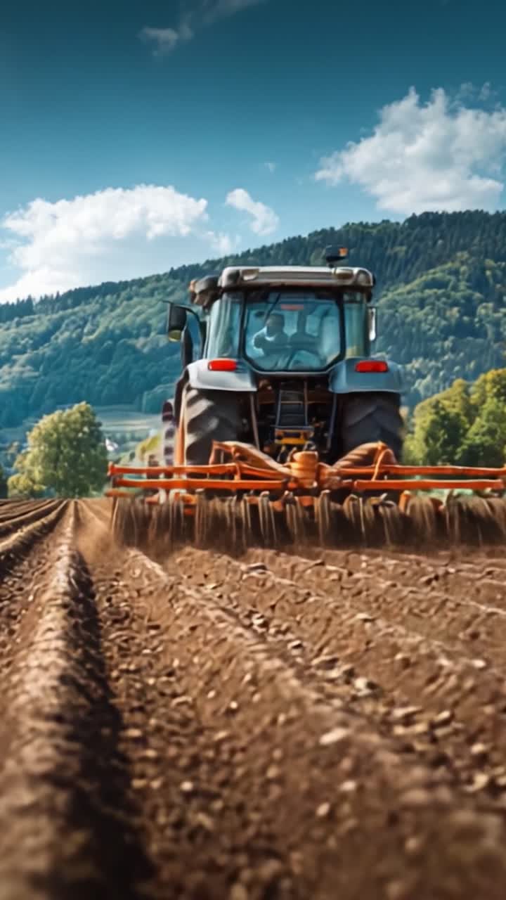 Um Trator Potente Cultivando o Solo em uma Fazenda, Exibindo Práticas Agrícolas Modernas e Belas Paisagens Rurais Sob um Céu Azul Claro