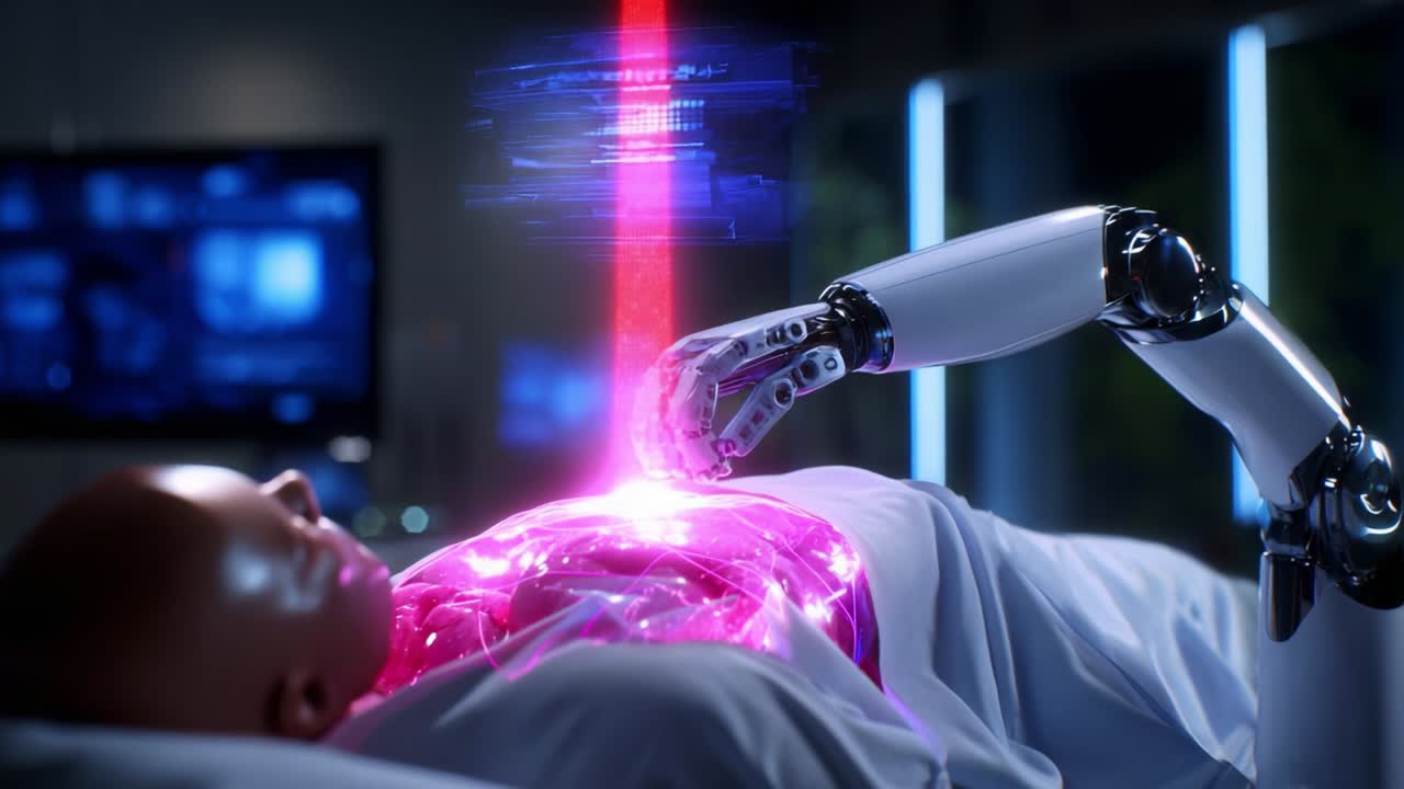 In a futuristic setting, a humanoid robot interacts with a holographic projection, showcasing advanced technology as it examines a glowing, vibrant core embedded within the humanoid figure's chest, hinting at innovations in robotics and medicine