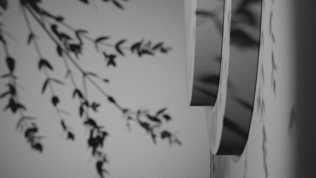 Round vertical podium casting leaf shadows on black background. Minimal studio setup. Nature and product presentation concept. Design for poster, banner, header, card. Vertical with copy space.