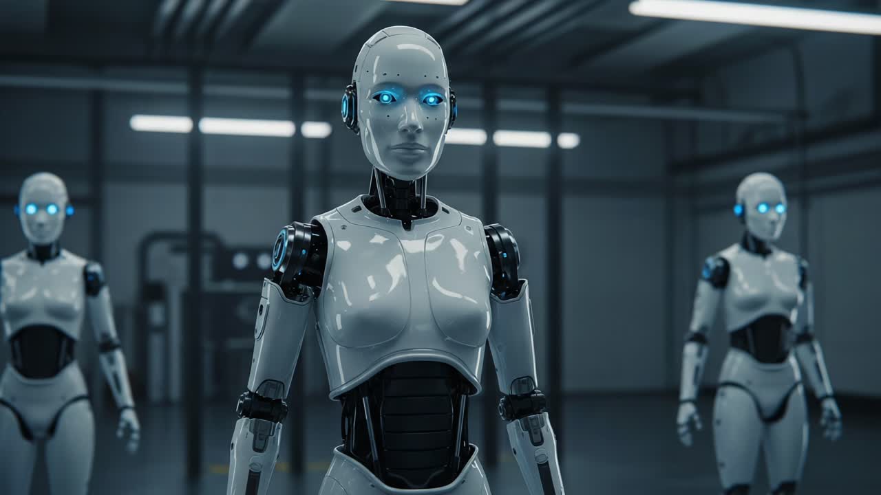 A Group of Futuristic Robots with Blue LED Eyes in a High-Tech Laboratory Setting, Showcasing Advanced Robotics and Artificial Intelligence Development