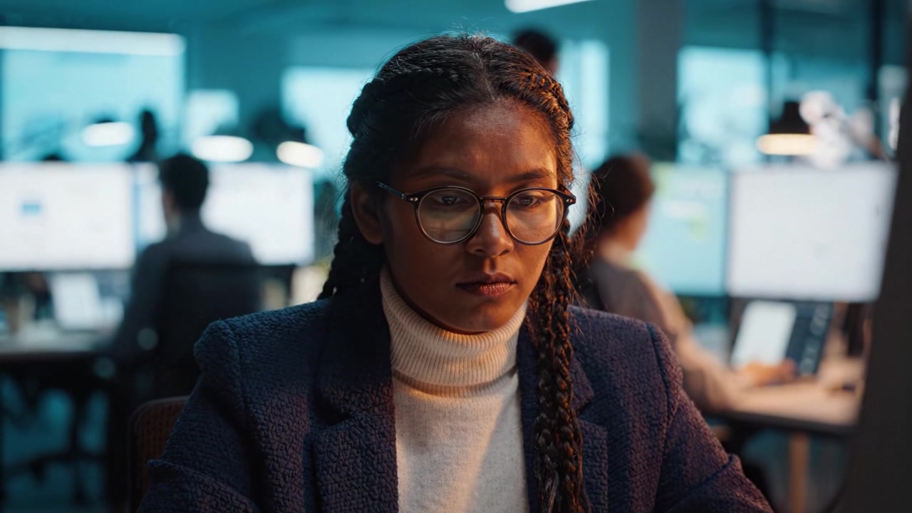 Donna concentrata che lavora diligentemente al computer in un ambiente d'ufficio, evidenziando concentrazione e produttività in uno spazio di lavoro frenetico. Atmosfera professionale