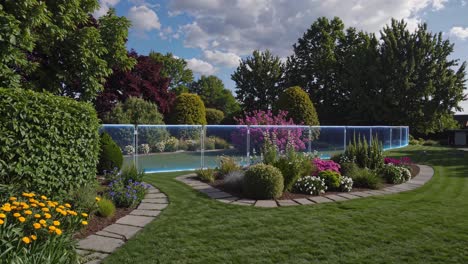 modern landscape design with glass fence and pool