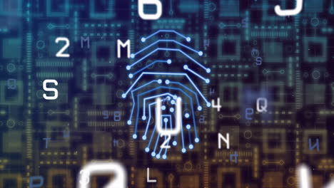 animation of processing data and biometric fingerprint scan over glowing network