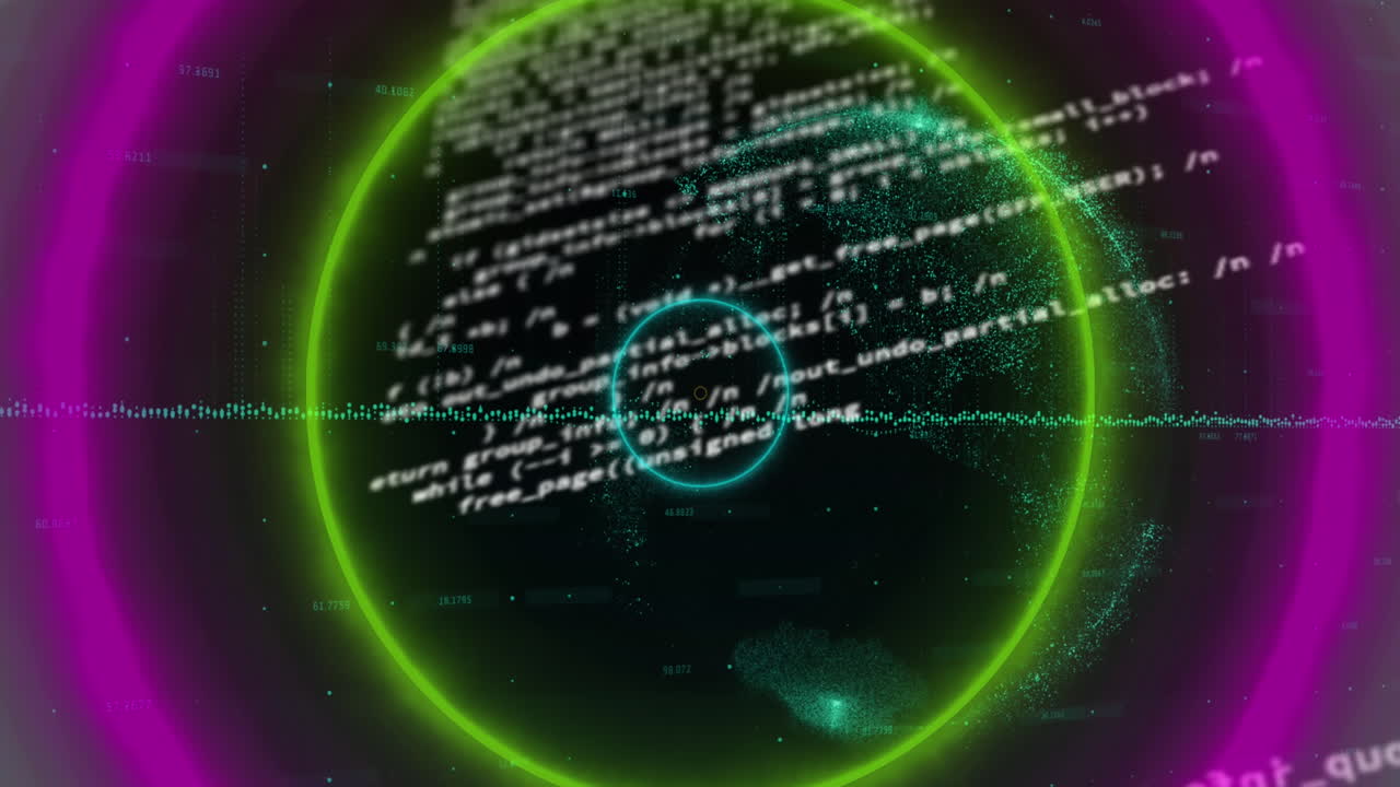 animatie van cirkelvormige neonvormen in naadloos patroon tegen gegevensverwerking en aardbol