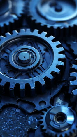 a close up of a bunch of blue gears. the gears are all different sizes and are arranged in a way that they look like they are all connected. the image has a mechanical and industrial feel to it