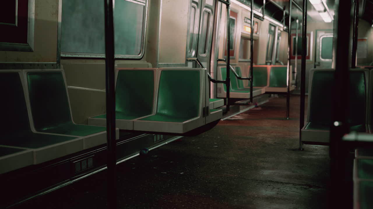 초록색 좌석과 문이 있는 지하철차