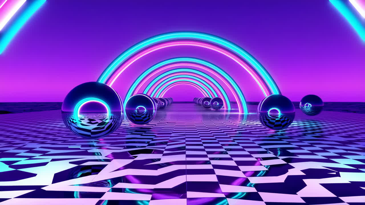 Neon Arches and Reflective Spheres on a Checkerboard Grid