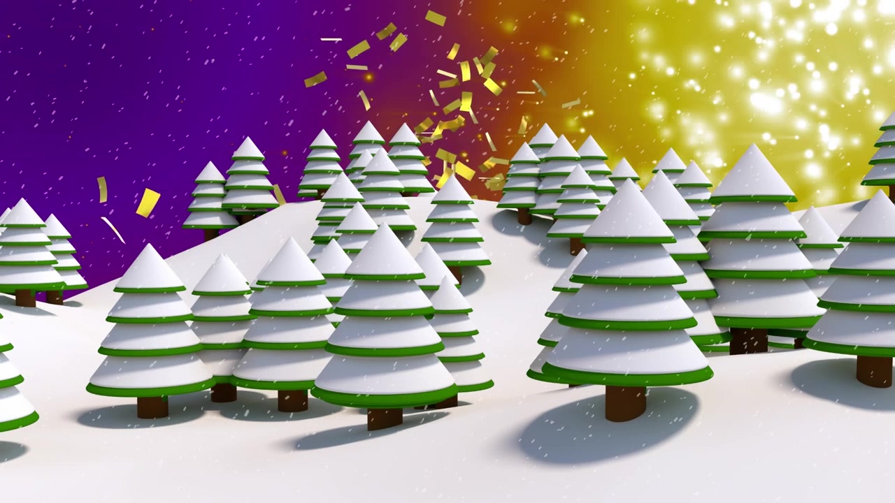 Cena de Floresta de Inverno Animada em 3D com Neve Caindo e Confetes Dourados