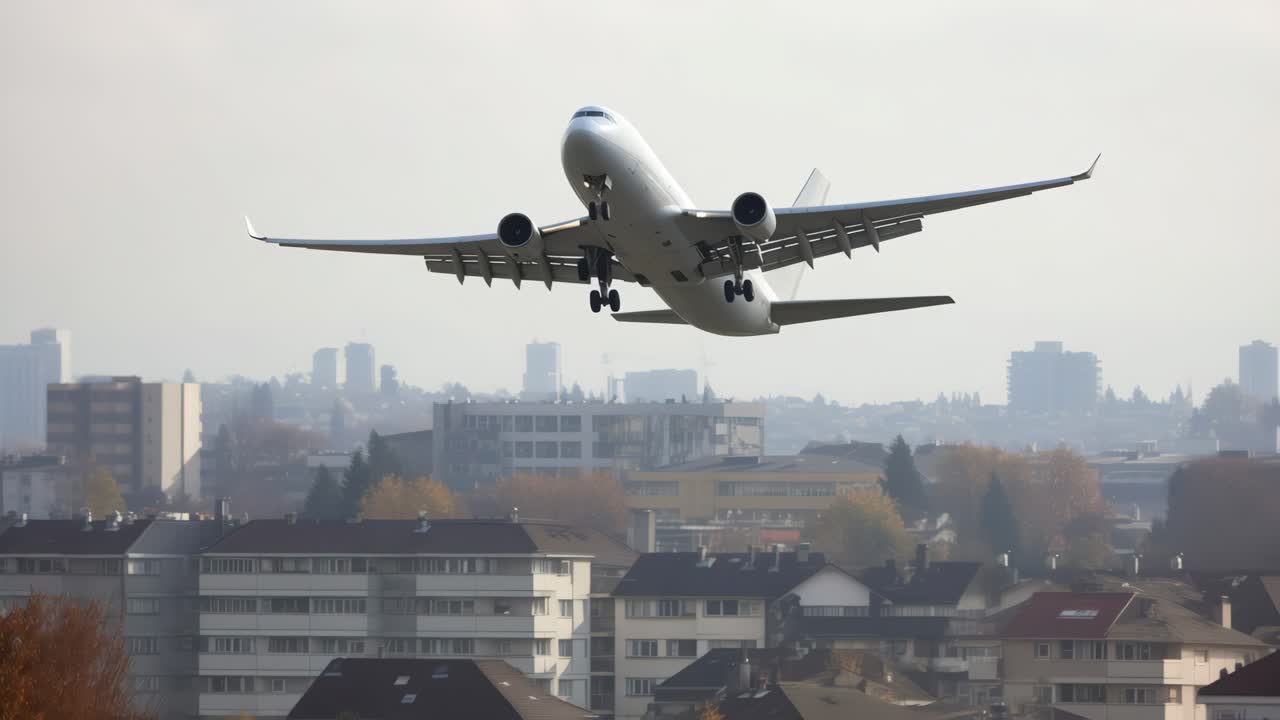 White passenger airplane taking off over urban city buildings, landing gear extended and flaps down, soaring through a cloudy sky on a dynamic daytime departure